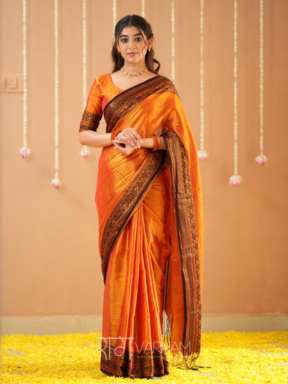 Raag Varnam Orange Handloom Tissue Saree With Designer Blouse
