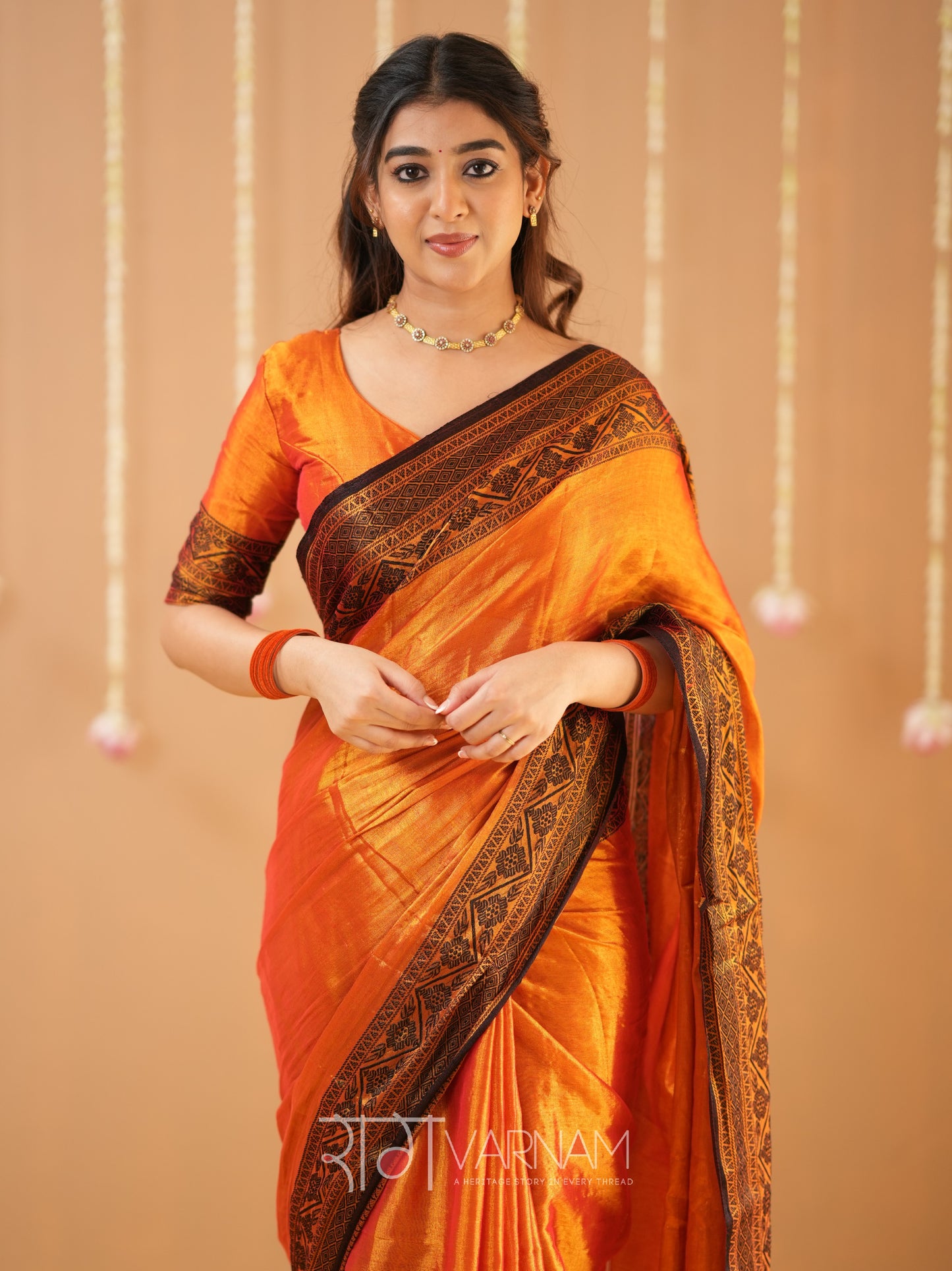 Raag Varnam Orange Handloom Tissue Saree With Designer Blouse