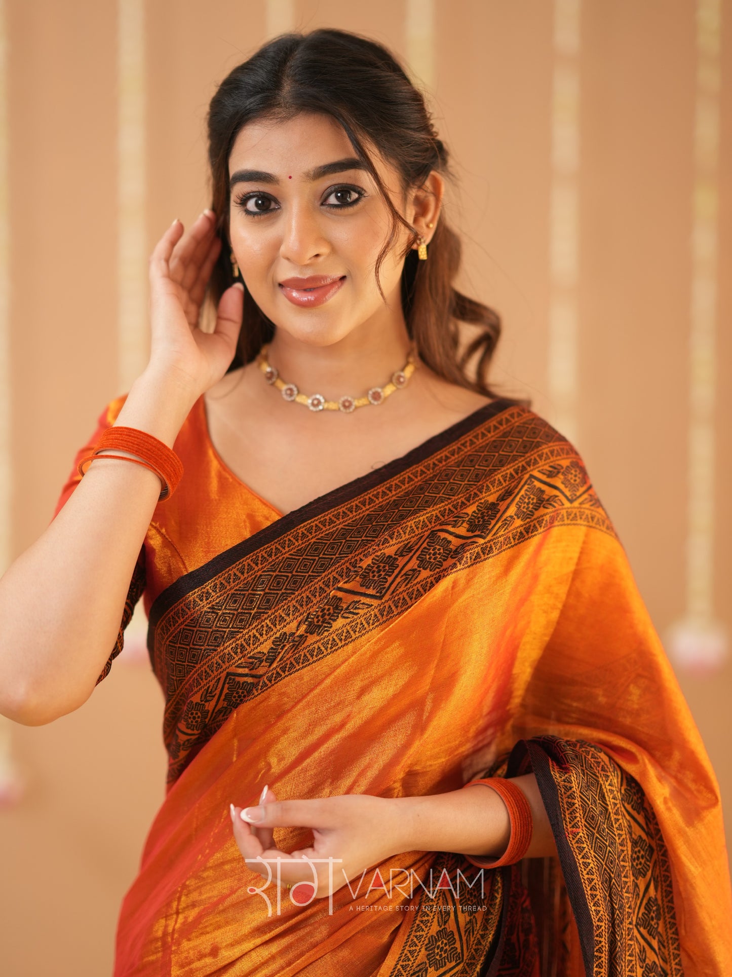 Raag Varnam Orange Handloom Tissue Saree With Designer Blouse