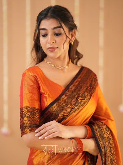 Raag Varnam Orange Handloom Tissue Saree With Designer Blouse