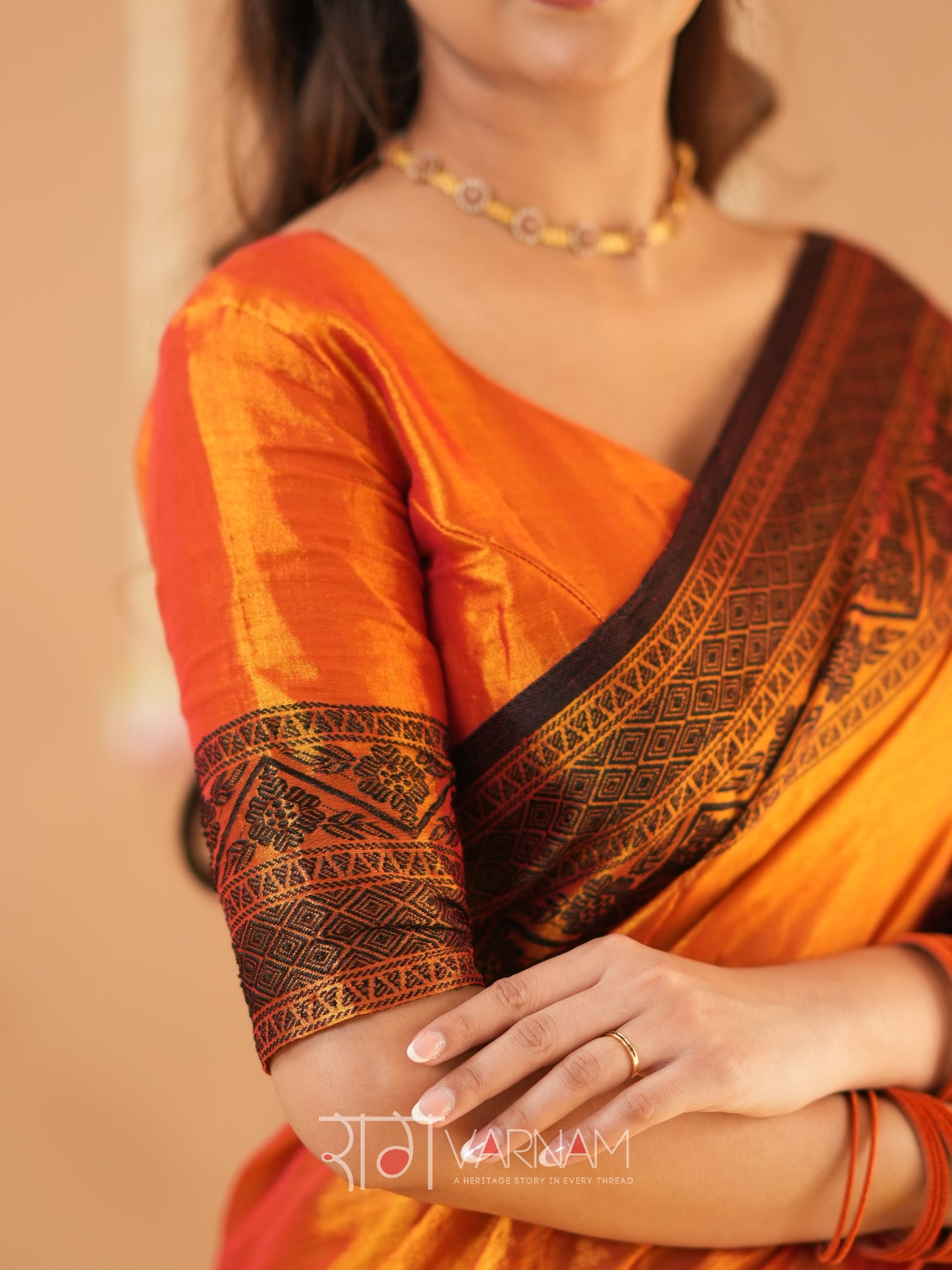 Raag Varnam Orange Handloom Tissue Saree With Designer Blouse