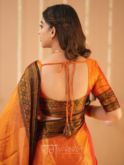 Raag Varnam Orange Handloom Tissue Saree With Designer Blouse