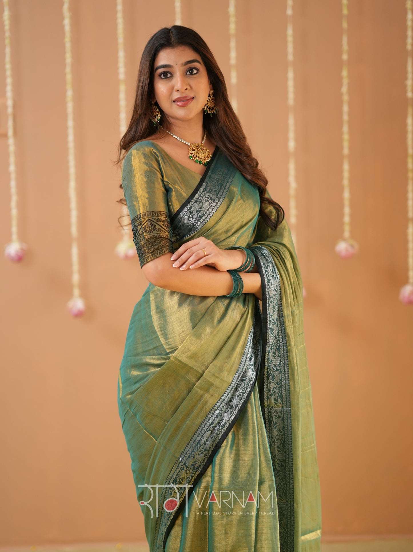 Raag Varnam Green Handloom Tissue Saree With Designer Blouse