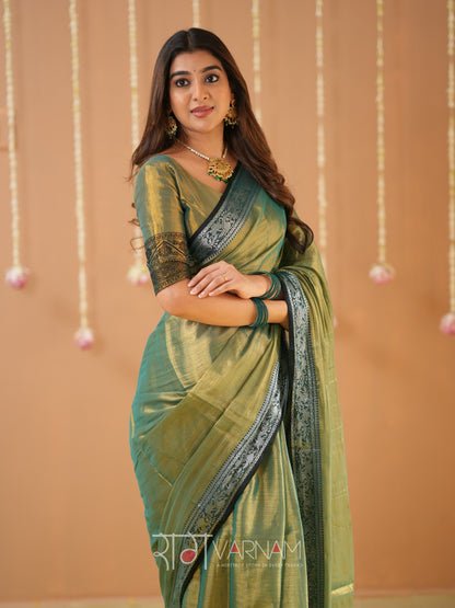 Raag Varnam Green Handloom Tissue Saree With Designer Blouse