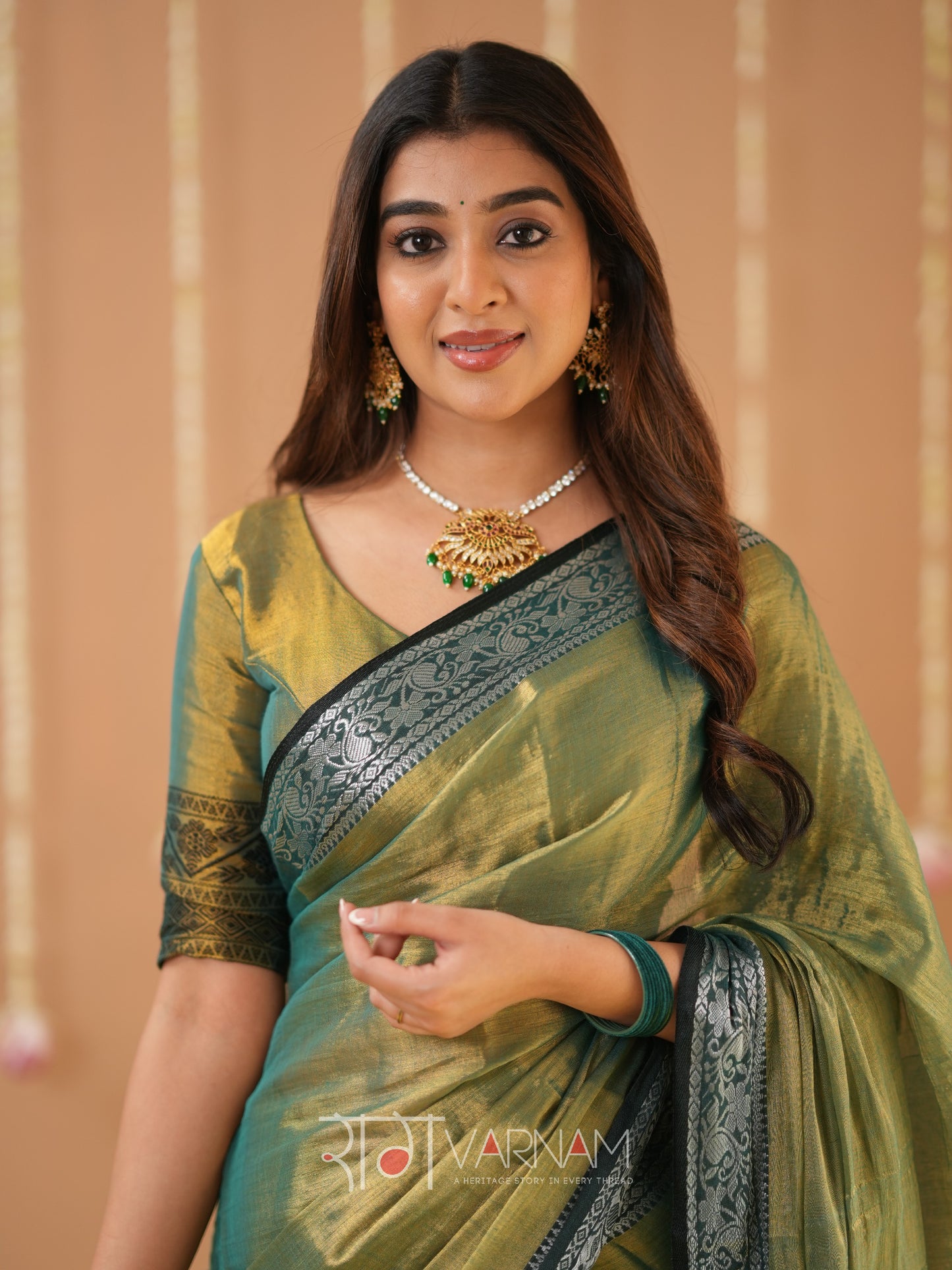 Raag Varnam Green Handloom Tissue Saree With Designer Blouse