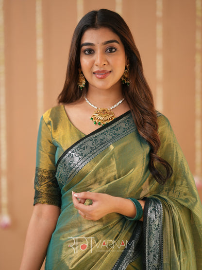 Raag Varnam Green Handloom Tissue Saree With Designer Blouse