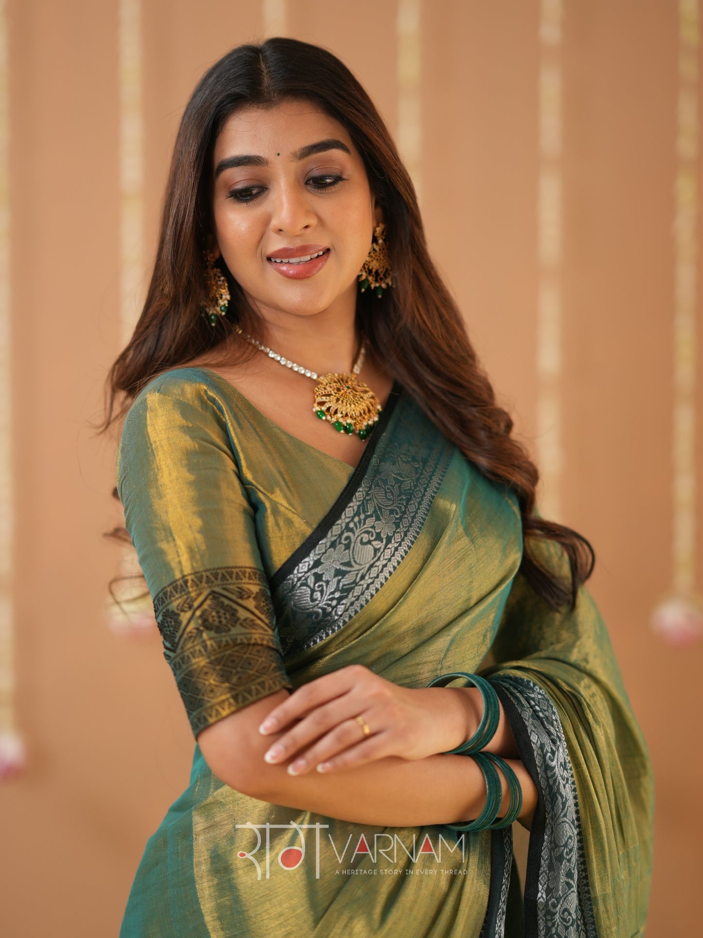 Raag Varnam Green Handloom Tissue Saree With Designer Blouse