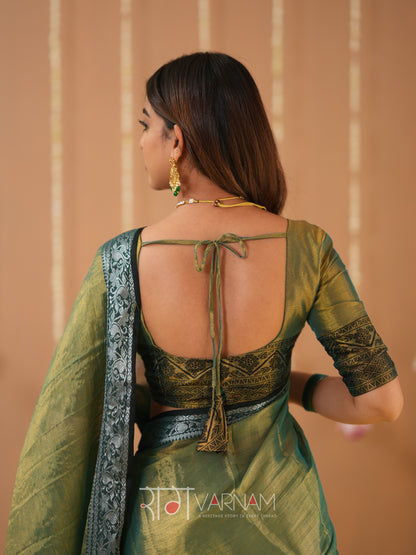 Raag Varnam Green Handloom Tissue Saree With Designer Blouse