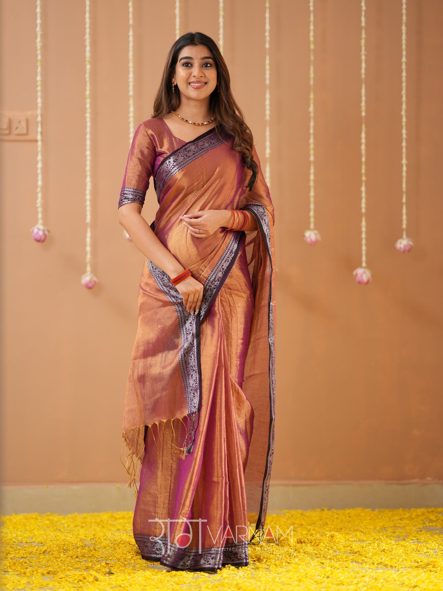 Raag Varnam Brown Handloom Tissue Saree With Designer Blouse