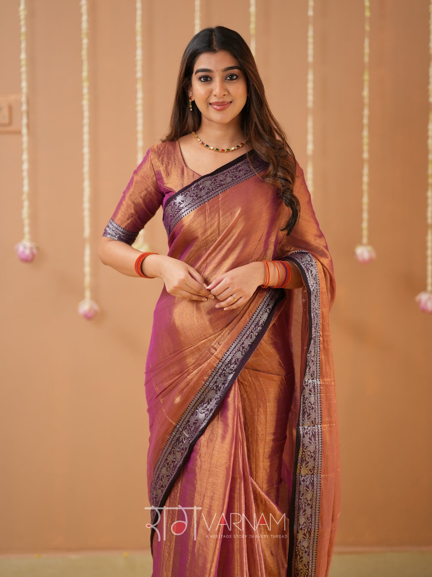 Raag Varnam Brown Handloom Tissue Saree With Designer Blouse