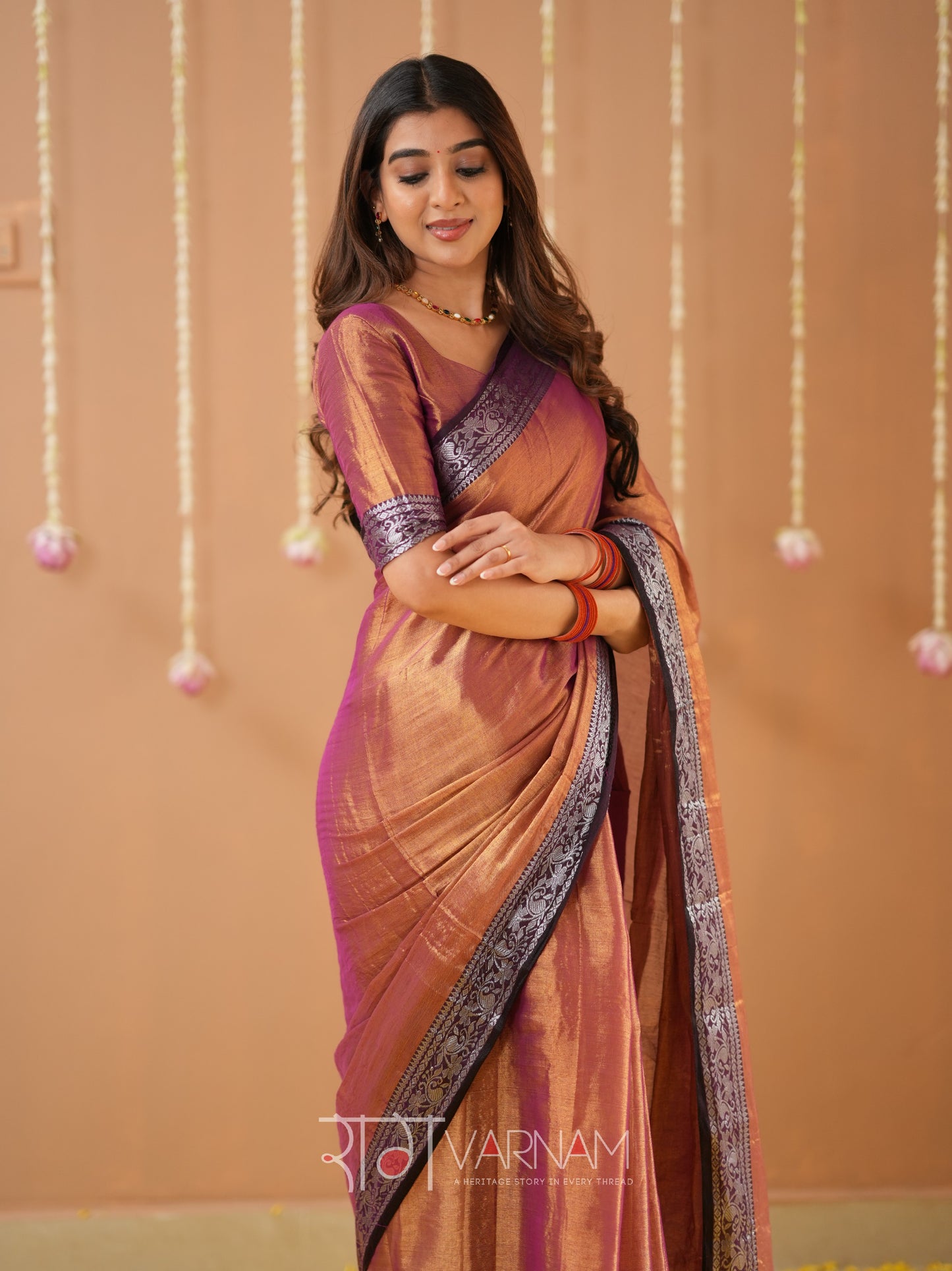Raag Varnam Brown Handloom Tissue Saree With Designer Blouse