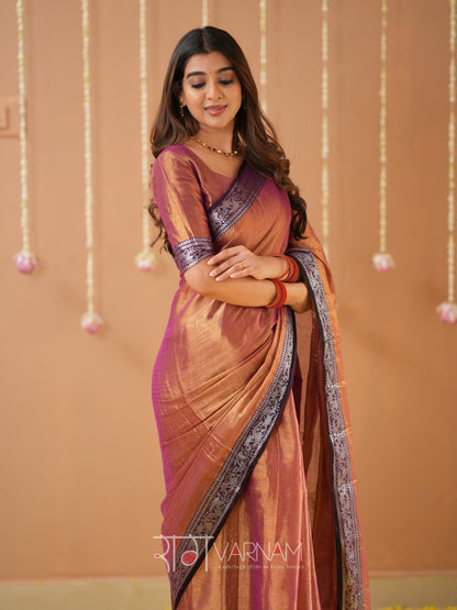 Raag Varnam Brown Handloom Tissue Saree With Designer Blouse
