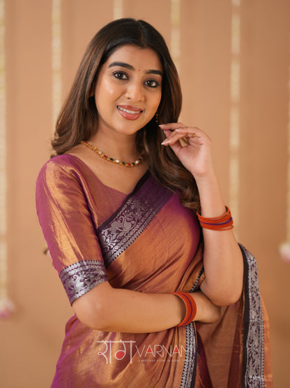 Raag Varnam Brown Handloom Tissue Saree With Designer Blouse