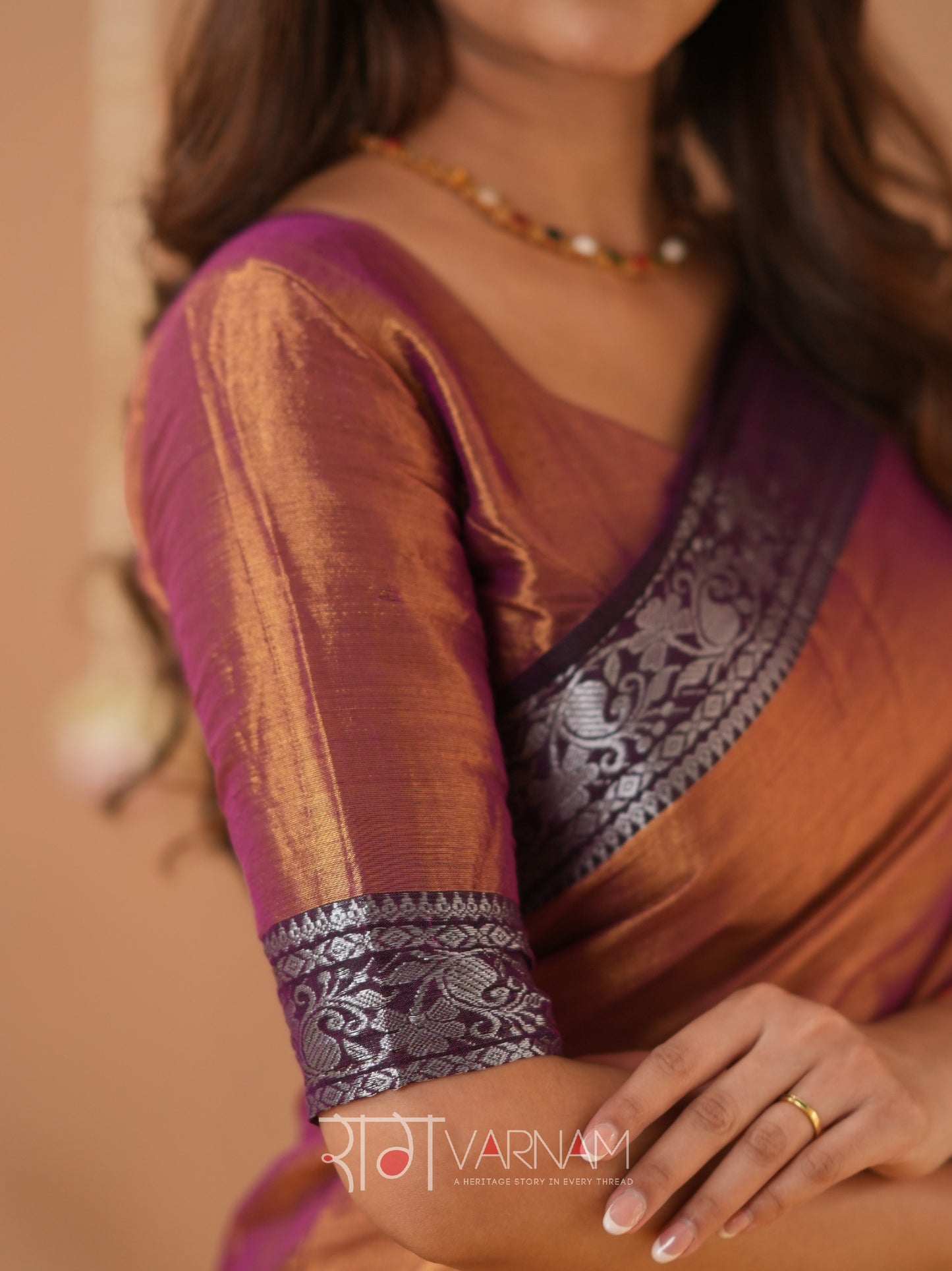 Raag Varnam Brown Handloom Tissue Saree With Designer Blouse