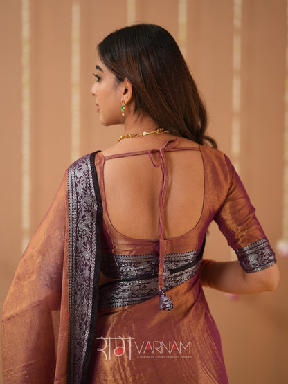 Raag Varnam Brown Handloom Tissue Saree With Designer Blouse