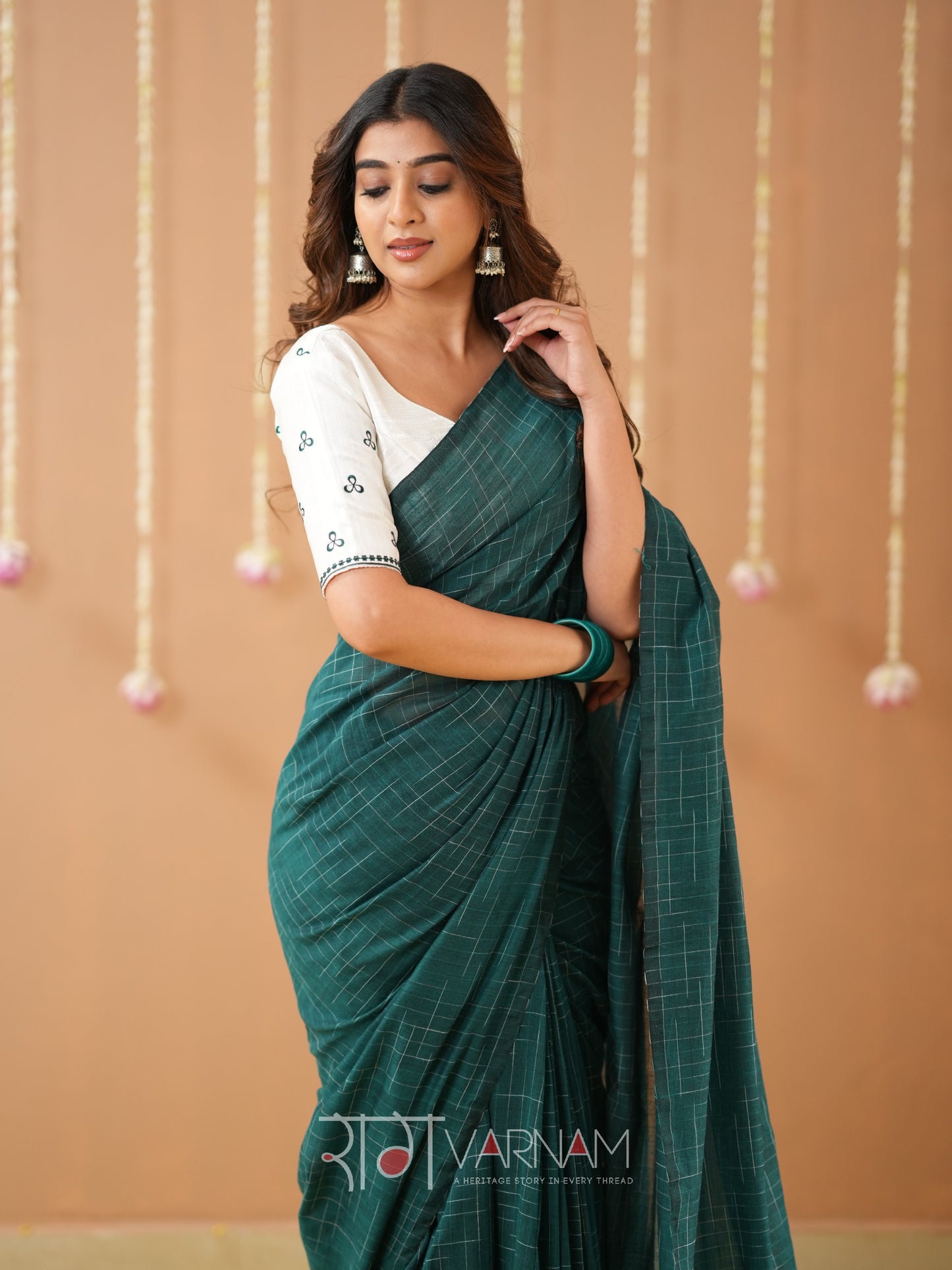 Raag Varnam Teal Green Handloom Cotton Saree with Designer Blouse