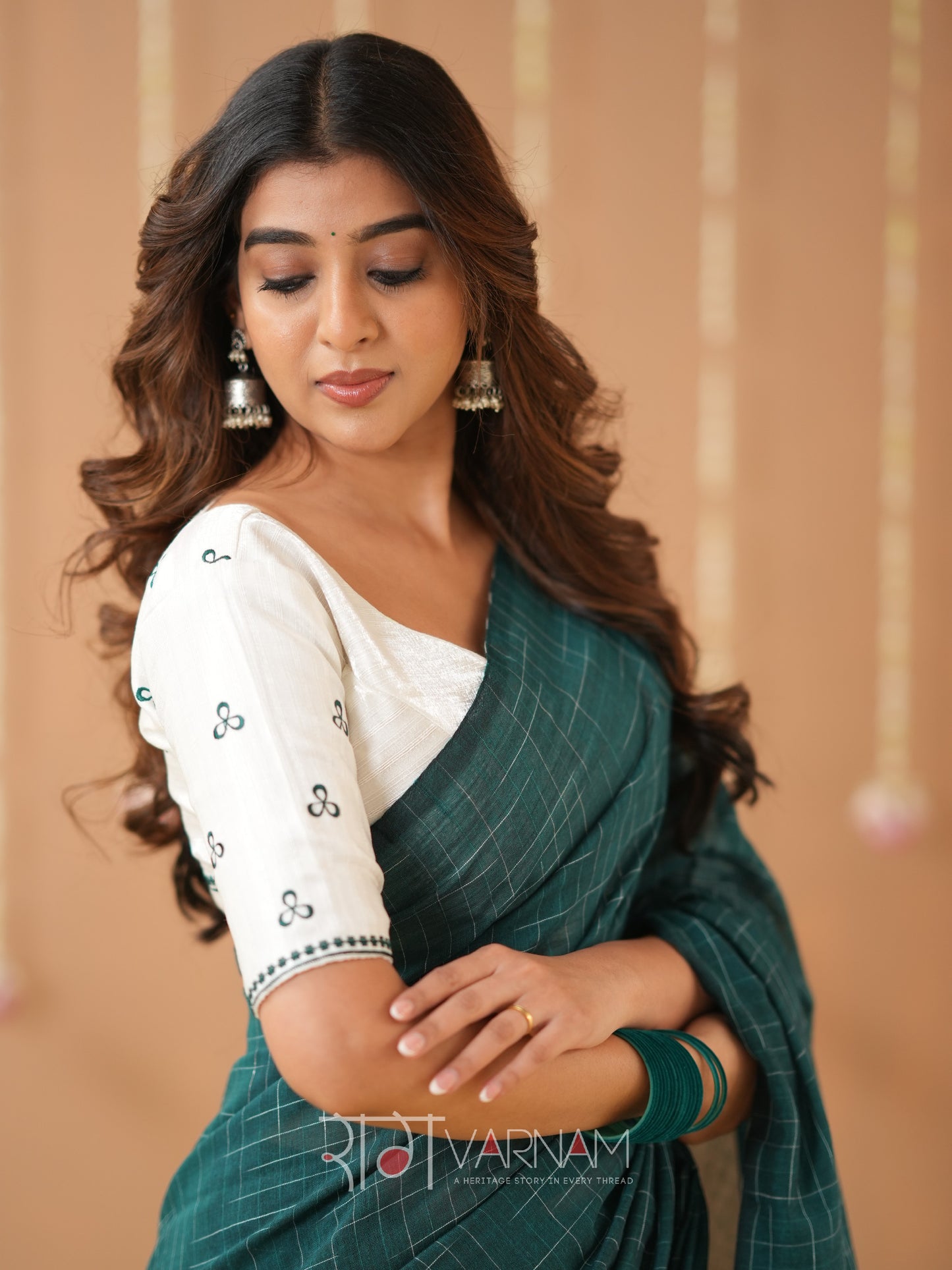 Raag Varnam Teal Green Handloom Cotton Saree with Designer Blouse