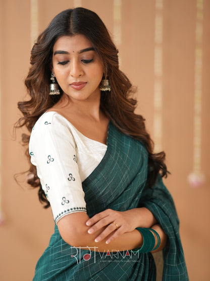 Raag Varnam Teal Green Handloom Cotton Saree with Designer Blouse