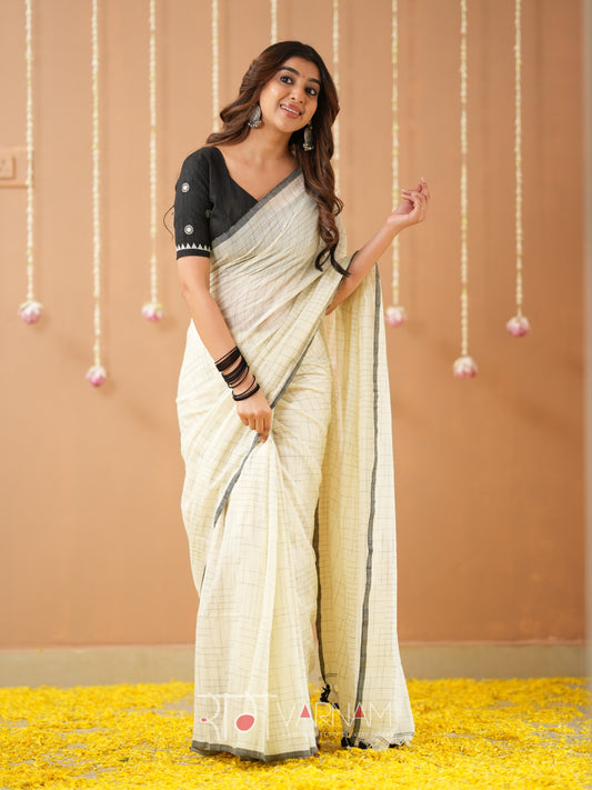 Raag Varnam White Handloom Cotton Saree with Designer Blouse
