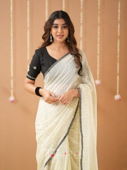 Raag Varnam White Handloom Cotton Saree with Designer Blouse