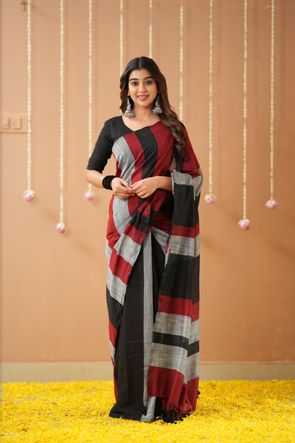 Raag Varnam Black Khadi Handloom Multicolour Saree with Designer Blouse