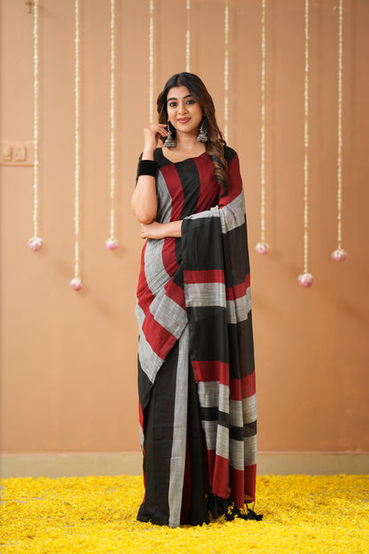 Raag Varnam Black Khadi Handloom Multicolour Saree with Designer Blouse