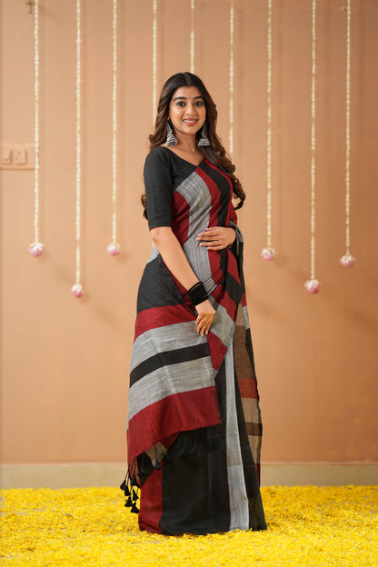 Raag Varnam Black Khadi Handloom Multicolour Saree with Designer Blouse