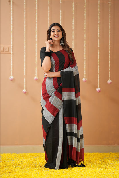 Raag Varnam Black Khadi Handloom Multicolour Saree with Designer Blouse
