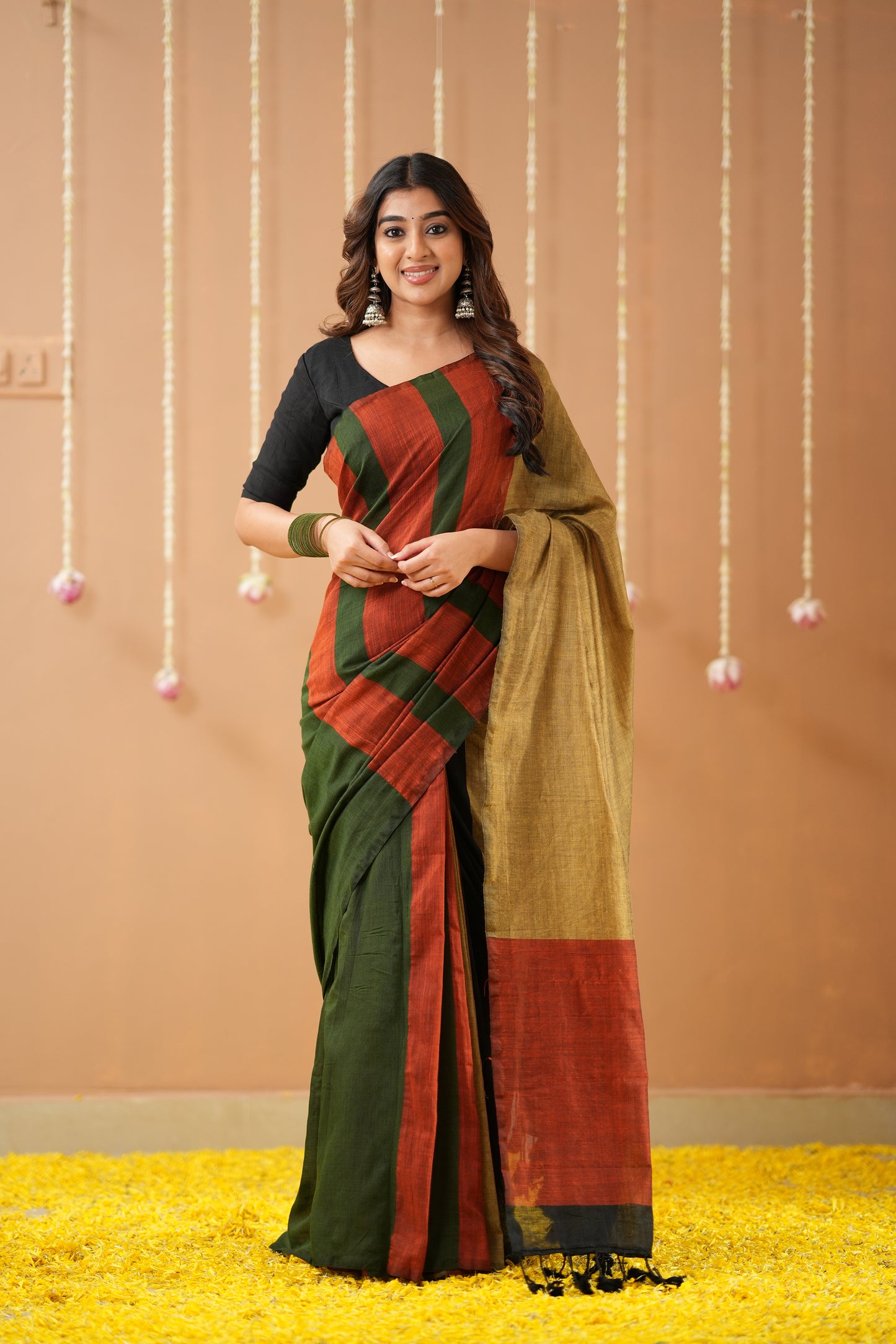 Raag Varnam Green Khadi Handloom Saree with Multicolour Border & Designer Blouse