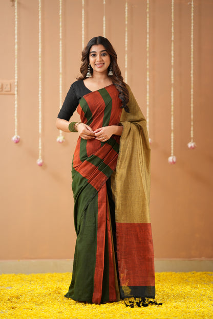 Raag Varnam Green Khadi Handloom Saree with Multicolour Border & Designer Blouse