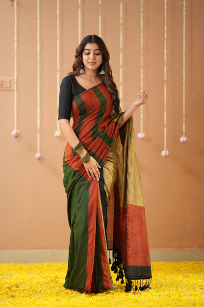 Raag Varnam Green Khadi Handloom Saree with Multicolour Border & Designer Blouse
