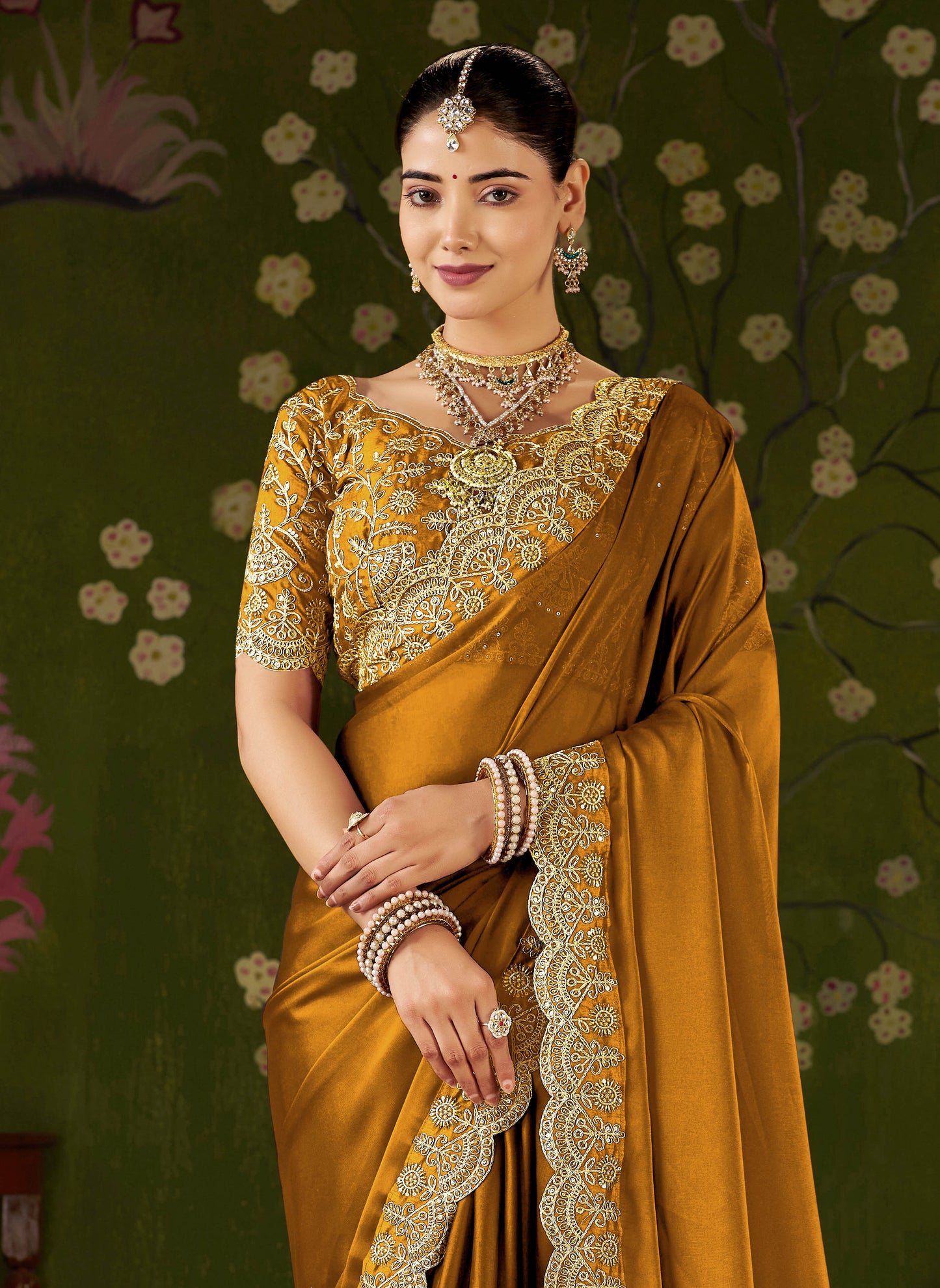 Mustard Black Rangoli Silk Saree with Embroidered Designer Blouse Piece