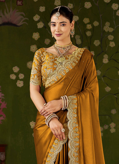 Mustard Black Rangoli Silk Saree with Embroidered Designer Blouse Piece