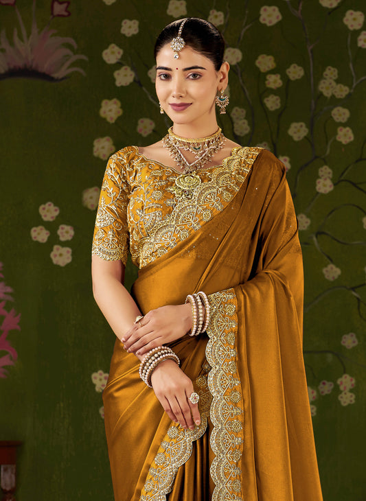 Mustard Black Rangoli Silk Saree with Embroidered Designer Blouse Piece