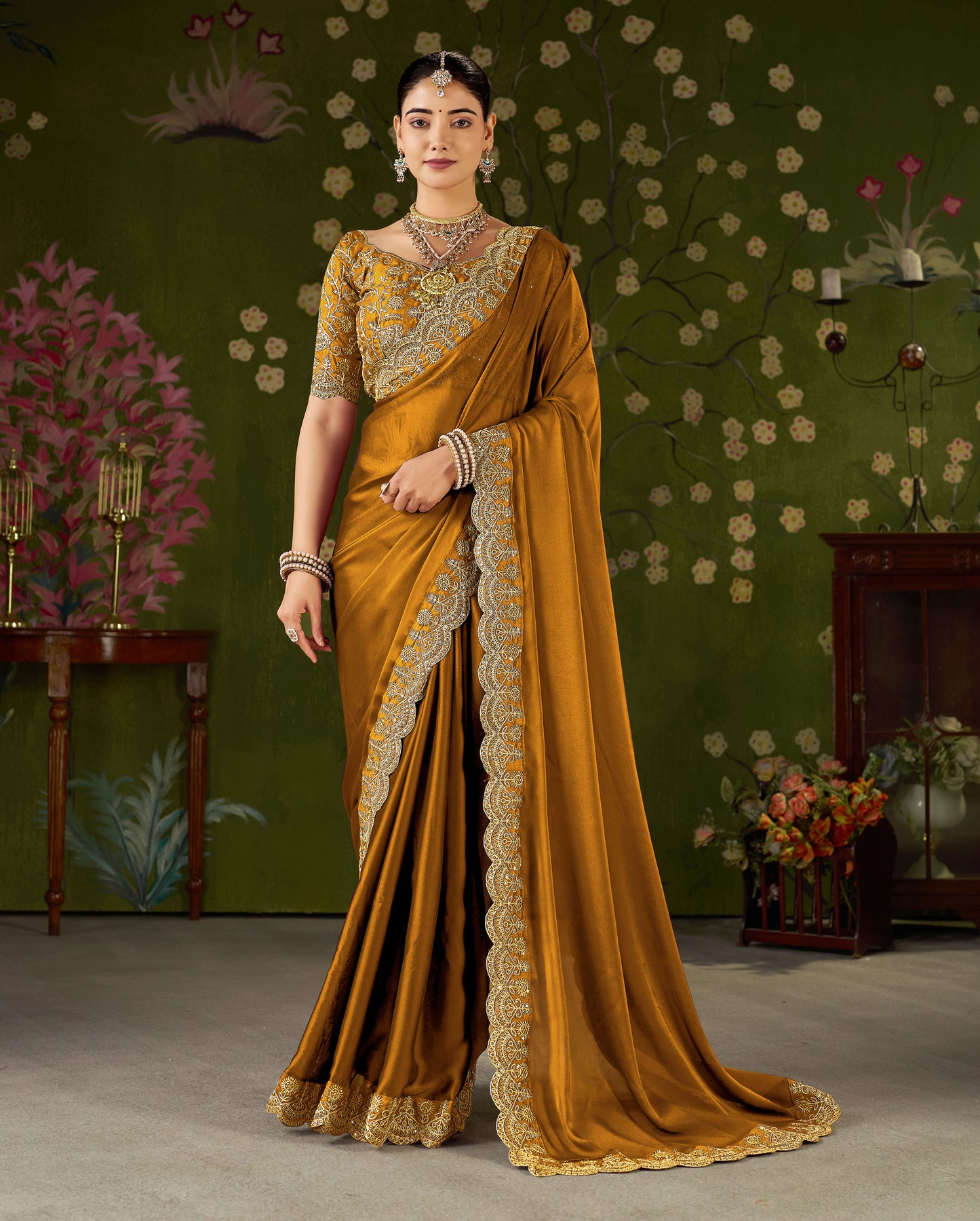 Mustard Black Rangoli Silk Saree with Embroidered Designer Blouse Piece