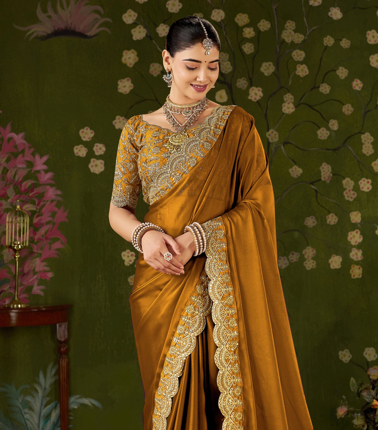 Mustard Black Rangoli Silk Saree with Embroidered Designer Blouse Piece