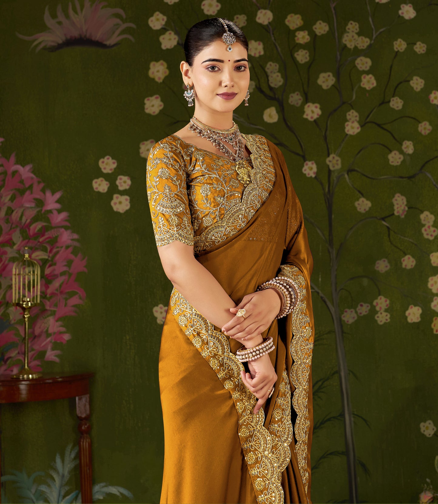 Mustard Black Rangoli Silk Saree with Embroidered Designer Blouse Piece