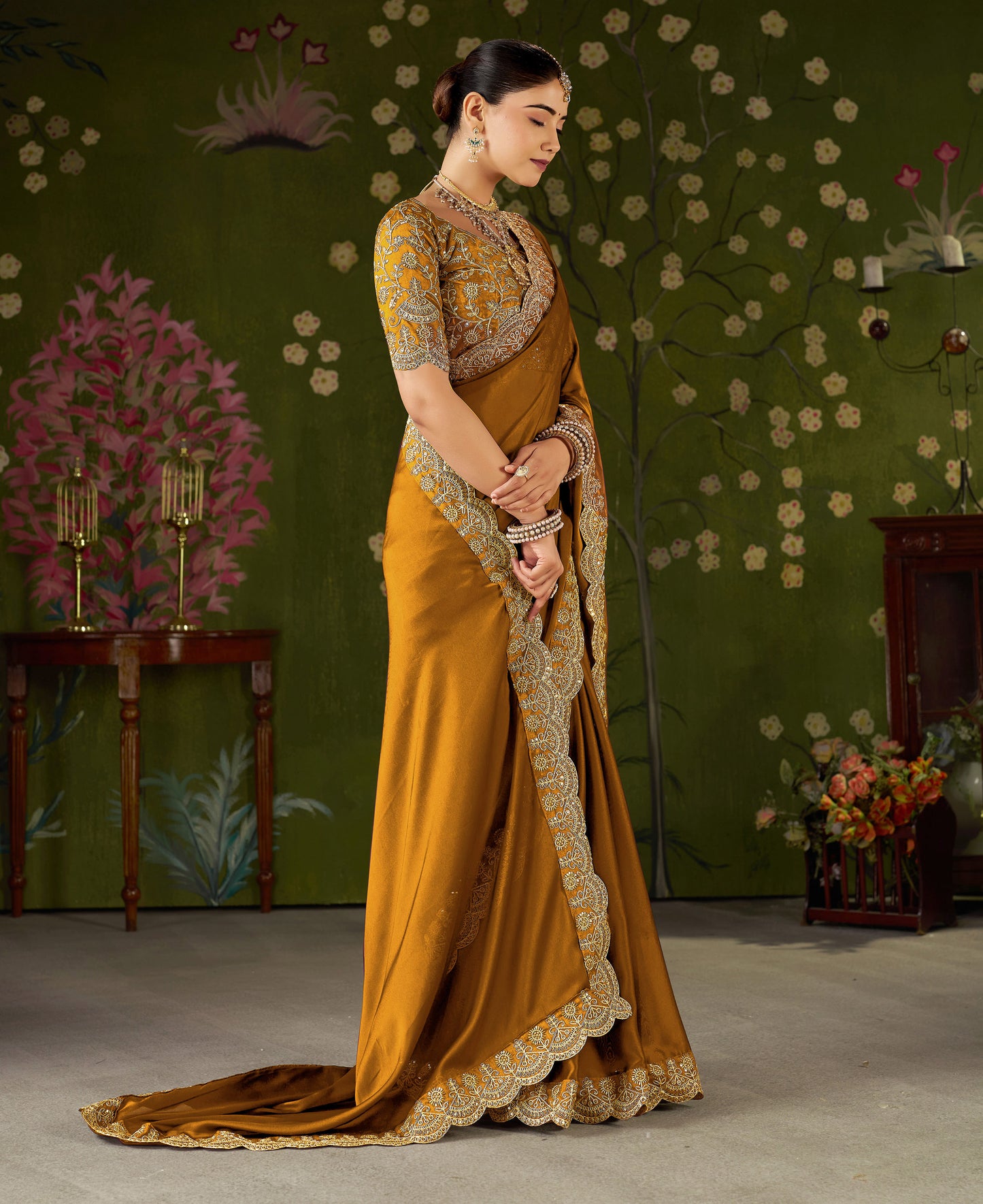 Mustard Black Rangoli Silk Saree with Embroidered Designer Blouse Piece