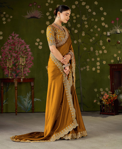 Mustard Black Rangoli Silk Saree with Embroidered Designer Blouse Piece