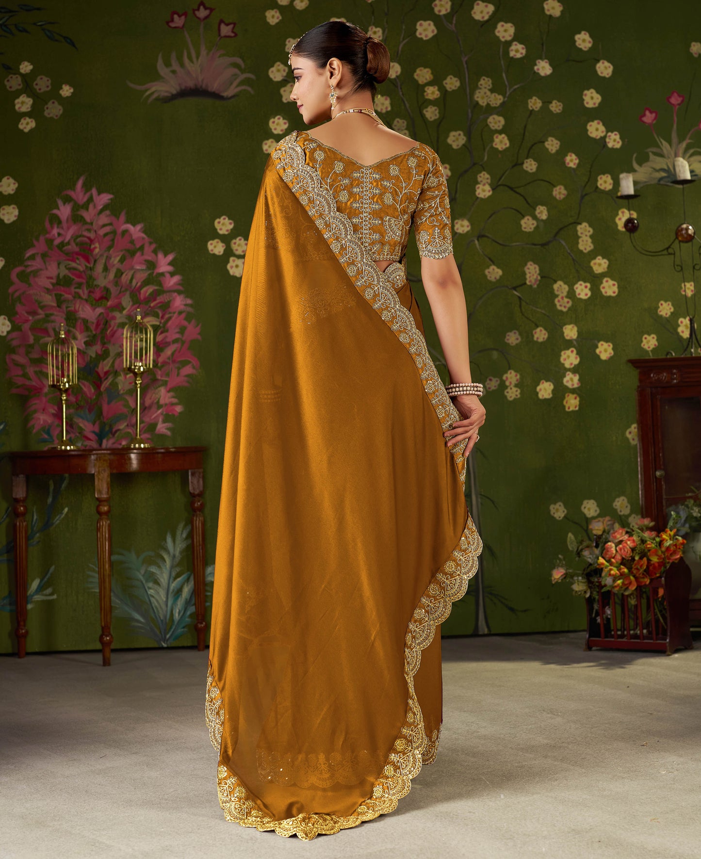 Mustard Black Rangoli Silk Saree with Embroidered Designer Blouse Piece