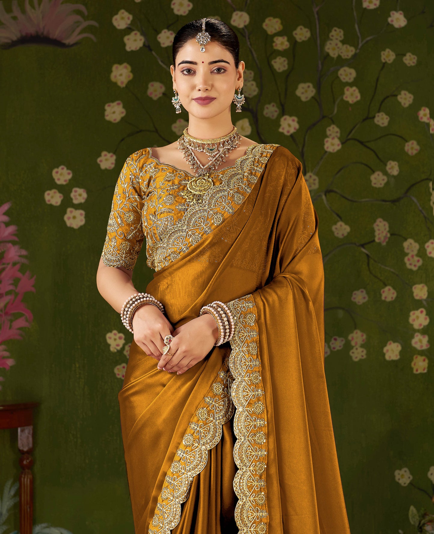 Mustard Black Rangoli Silk Saree with Embroidered Designer Blouse Piece