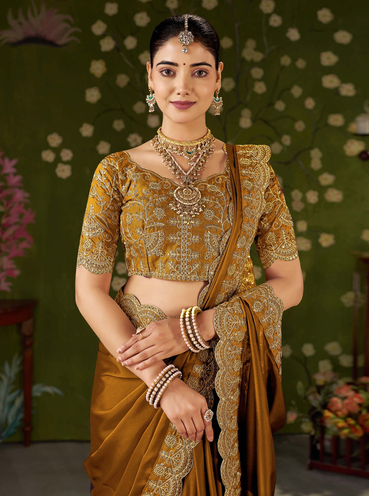 Mustard Black Rangoli Silk Saree with Embroidered Designer Blouse Piece