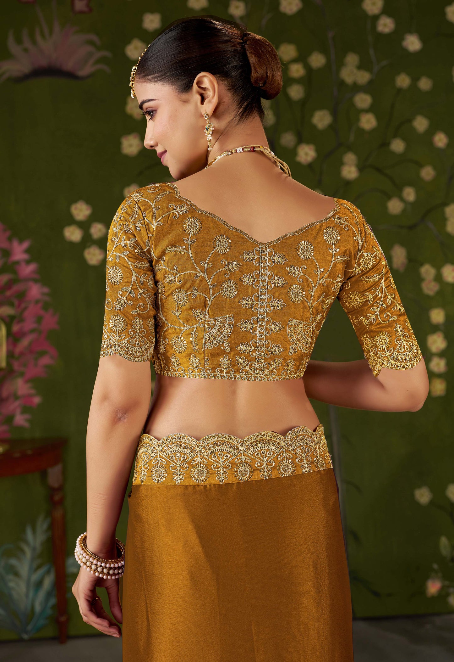 Mustard Black Rangoli Silk Saree with Embroidered Designer Blouse Piece