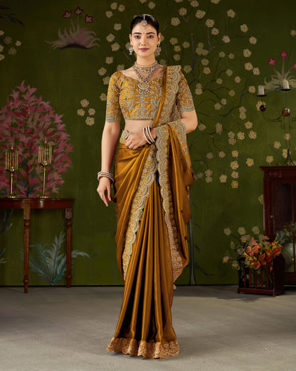 Mustard Black Rangoli Silk Saree with Embroidered Designer Blouse Piece