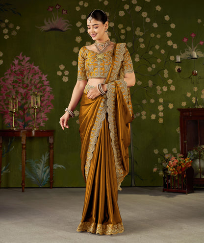 Mustard Black Rangoli Silk Saree with Embroidered Designer Blouse Piece