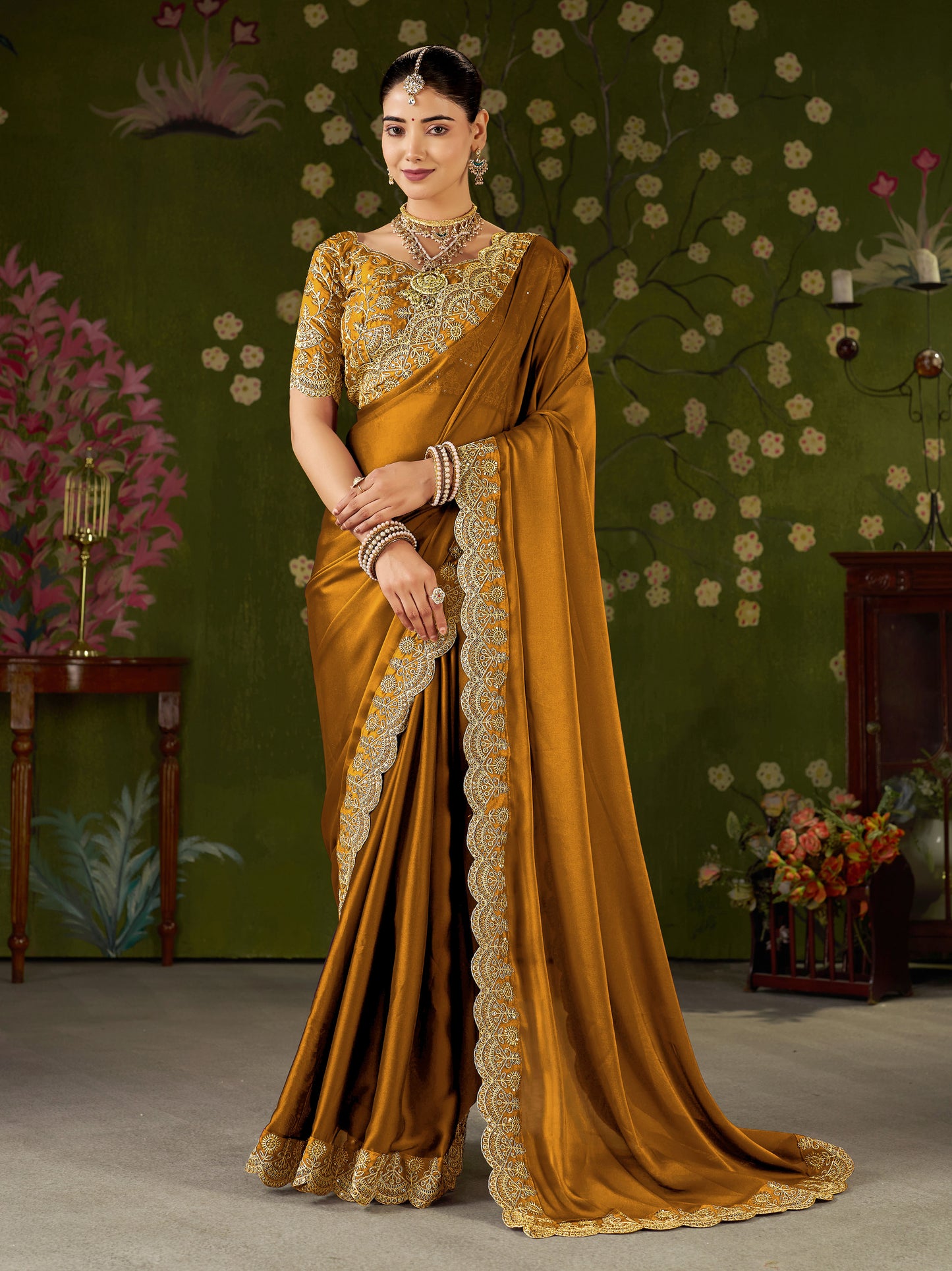 Mustard Black Rangoli Silk Saree with Embroidered Designer Blouse Piece