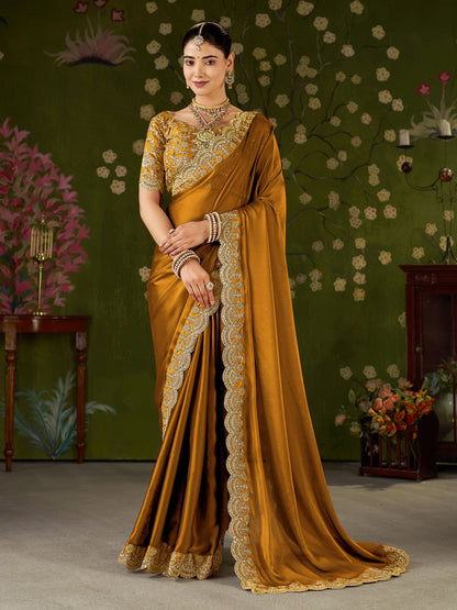 Mustard Black Rangoli Silk Saree with Embroidered Designer Blouse Piece