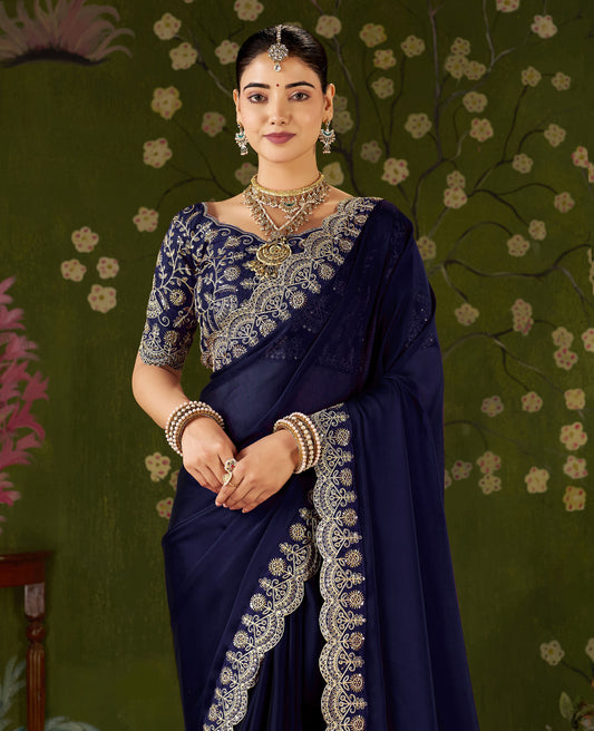 Navy Blue Rangoli Silk Saree with Embroidered Designer Blouse Piece