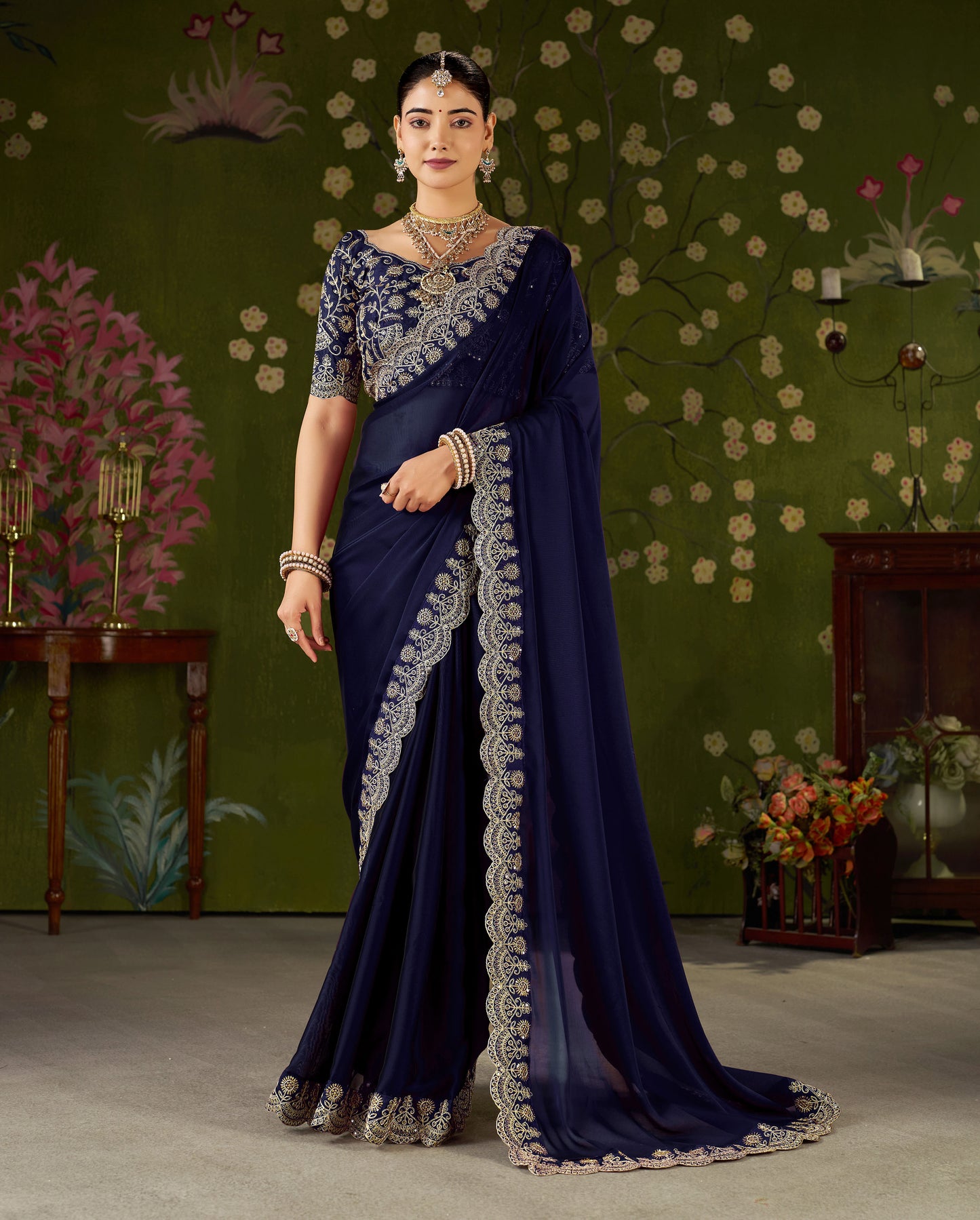Navy Blue Rangoli Silk Saree with Embroidered Designer Blouse Piece