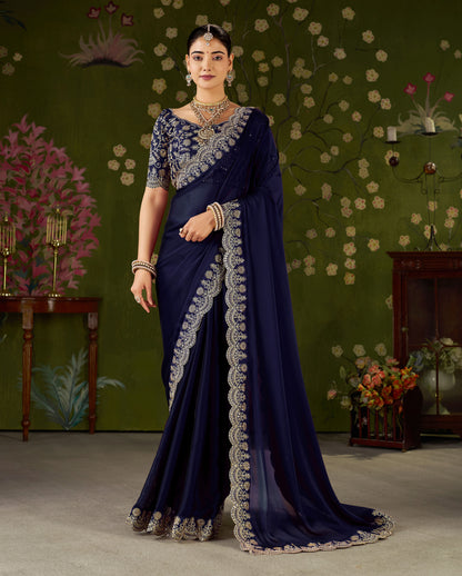 Navy Blue Rangoli Silk Saree with Embroidered Designer Blouse Piece